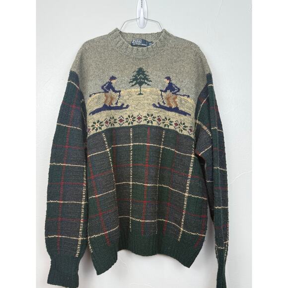 Vintage Polo Ralph Lauren Hand Knit Wool Ski Sweater XXL Fair Isle Plaid - Picture 4 of 9